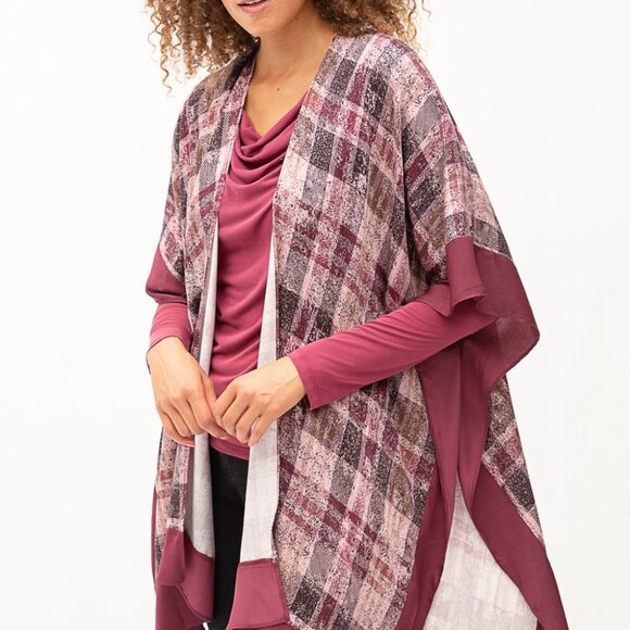 MYSTREE Burgundy Plaid Kimono Cardigan, Open Front Lightweight Layering Wrap - Picture 3 of 7
